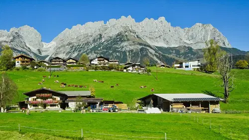 Blick auf eine alpine Landschaft mit gr&uuml;nen Wiesen, K&uuml;hen und traditionellen Bauernh&auml;usern im Vordergrund. Im Hintergrund ragen beeindruckende Berggipfel in den klaren blauen Himmel.