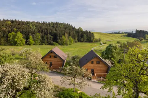 Zwei moderne Holzh&auml;user stehen in einer idyllischen Landschaft mit gr&uuml;nen Wiesen und B&auml;umen. Im Vordergrund sind bl&uuml;hende Obstb&auml;ume sichtbar und im Hintergrund erstrecken sich sanfte H&uuml;gel und W&auml;lder.