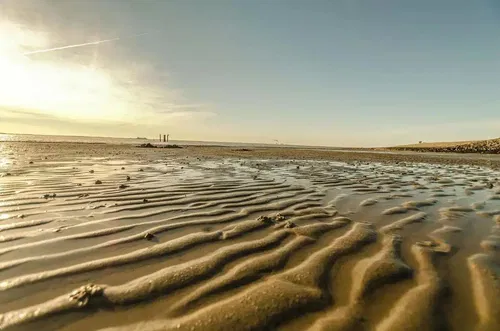 Der Strand bei Sonnenaufgang mit sanft gewellten Sandmustern. Das Wasser reflektiert das Licht und im Hintergrund sind Industrieanlagen zu sehen.