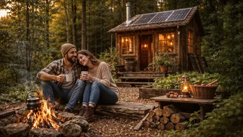 Ein Paar sitzt gem&uuml;tlich am Lagerfeuer, umgeben von Natur, und h&auml;lt Tassen in der Hand. Im Hintergrund steht eine Holzlaube mit Solarpanelen und warmem Licht, w&auml;hrend &Auml;ste und Holzscheite in der N&auml;he liegen.