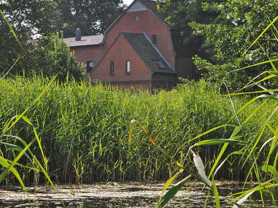 Blick auf das Wohnhaus vom Feuerwehrlöschteich