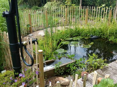 Goldfischteich mit historischer Hauswasserpumpe