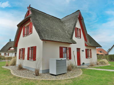 Blick auf das reetgedeckte Ferienhaus