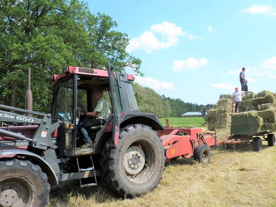 wir pressen Heu für unsere Tiere
