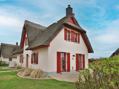 Blick auf das reetgedeckte Ferienhaus