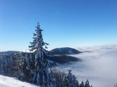 Nebelsuppe im Tal und Sonne auf den Schwarzwaldbergen