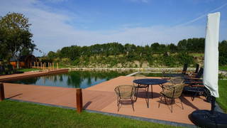 Hof Mühlenkoppel - Schwimmteich mit Sonnenliegen und Sitzmöbeln