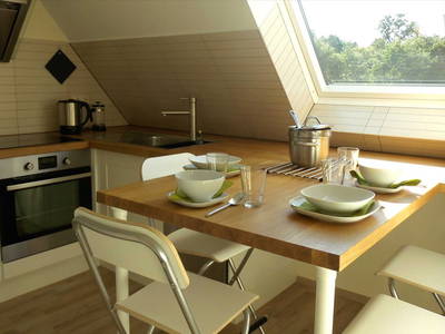 modere voll ausgestattete Küche in der Ferienwohnung