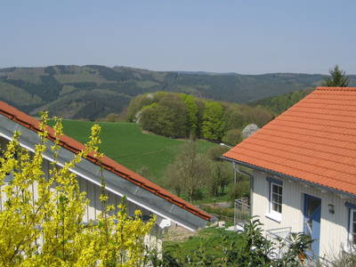 Blick vom Parkplatz auf die Ferienhäuser