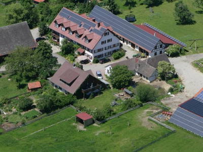 Der Franzenhof aus der Vogelperspektive umgeben von grünen Wiese