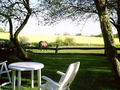 Ausblick vom Garten auf die Felder