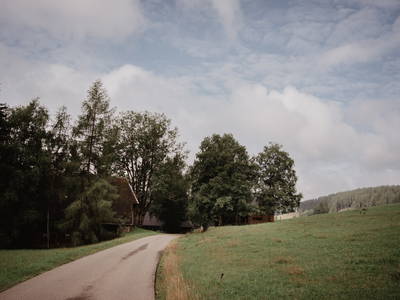 Abfahrt zum Griesbachhof , linke Seite Ferienhaus, rechte Seite Chalet Kornspicher